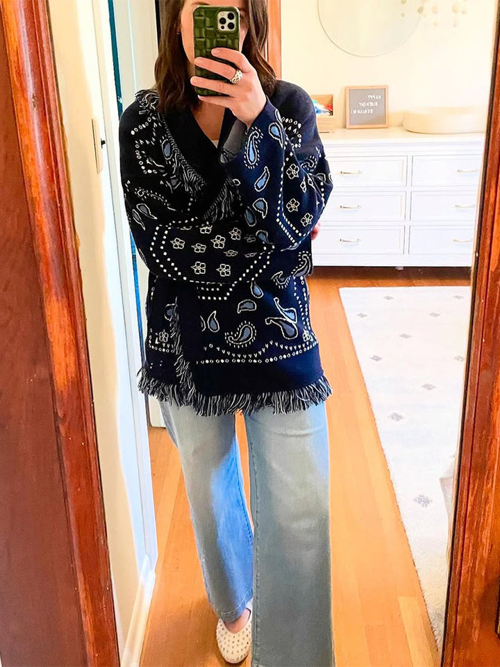 Damer Fransen Poncho med Bandana-mönster Mirla-Eva Jonsson
