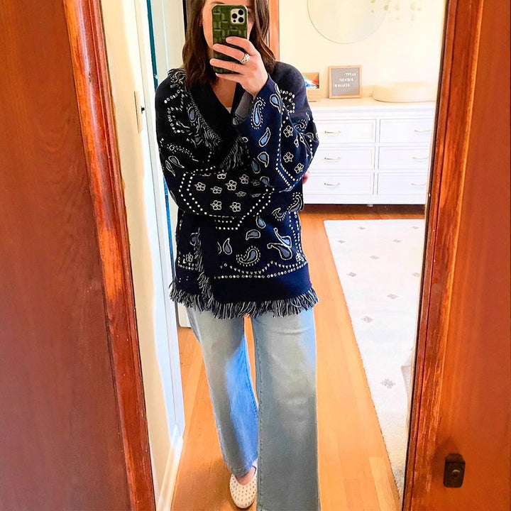 Damer Fransen Poncho med Bandana-mönster Mirla-Eva Jonsson