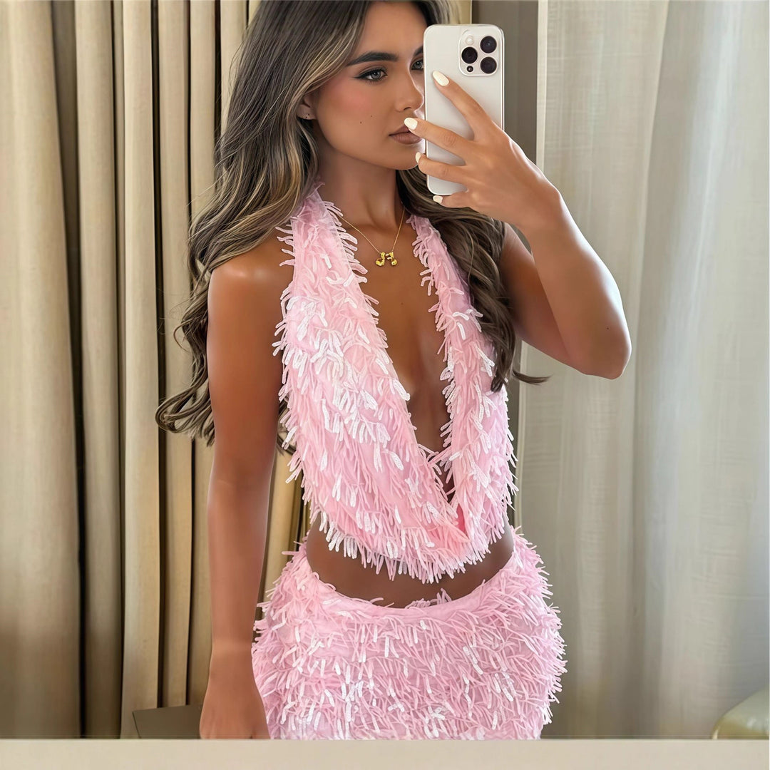 Damer Fransenminiklänning med djup utskärning Eva Jonsson-Eva Jonsson