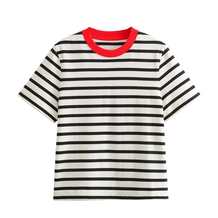 Damer Fritids T-shirt med Kontrasterande Krage och Avslappnad Randigt Mönster Mirla-Eva Jonsson