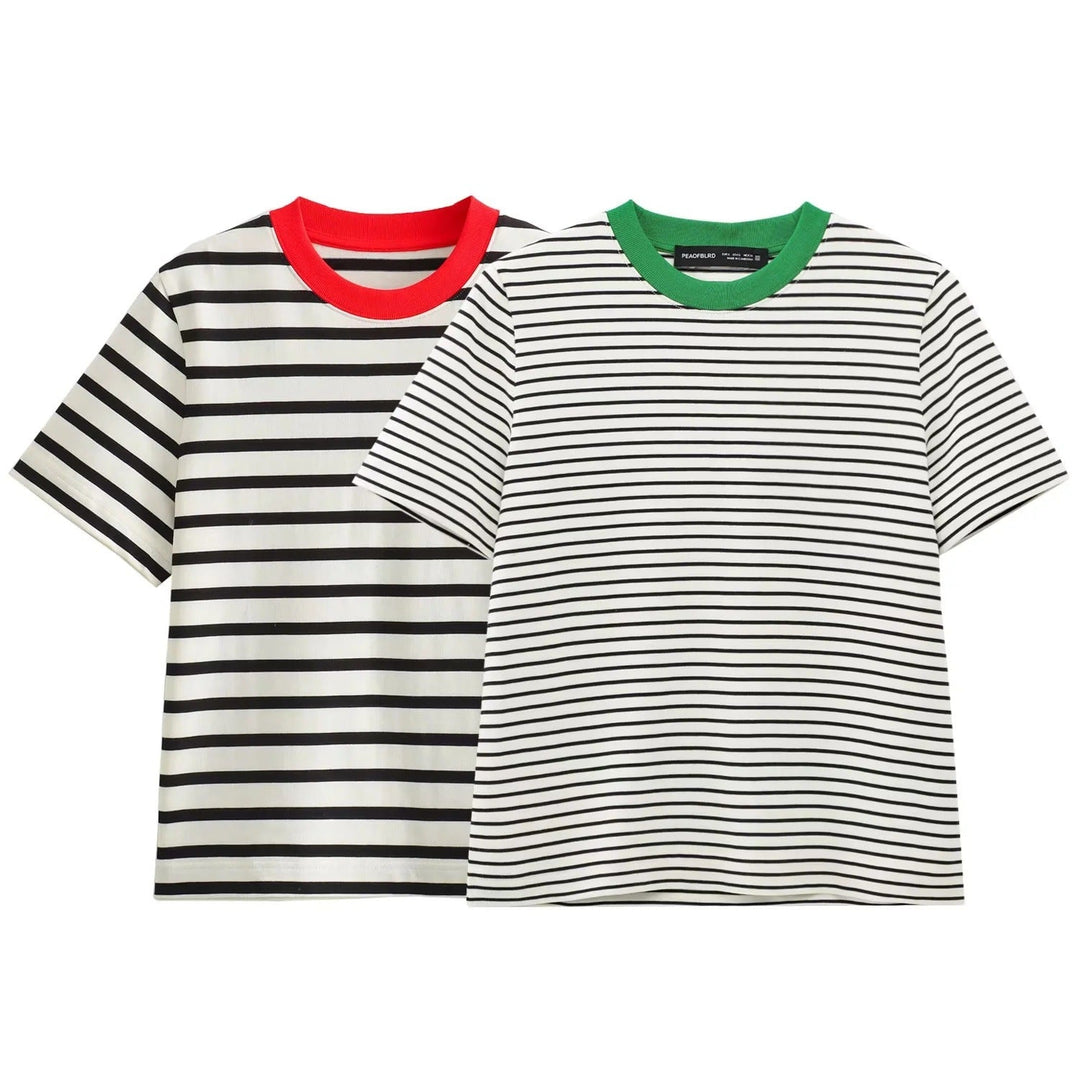 Damer Fritids T-shirt med Kontrasterande Krage och Avslappnad Randigt Mönster Mirla-Eva Jonsson