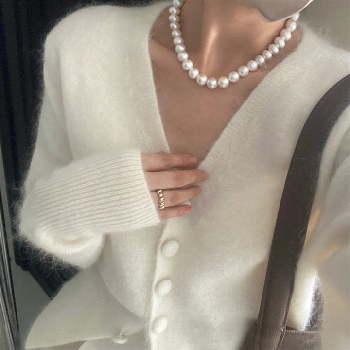 Damer Fuzzy Cardigan med V-ringning och dekorativa knappar Eva Jonsson-Eva Jonsson