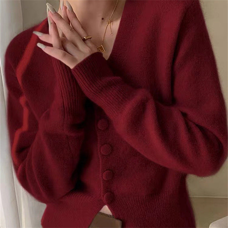 Damer Fuzzy Cardigan med V-ringning och dekorativa knappar Eva Jonsson-Eva Jonsson