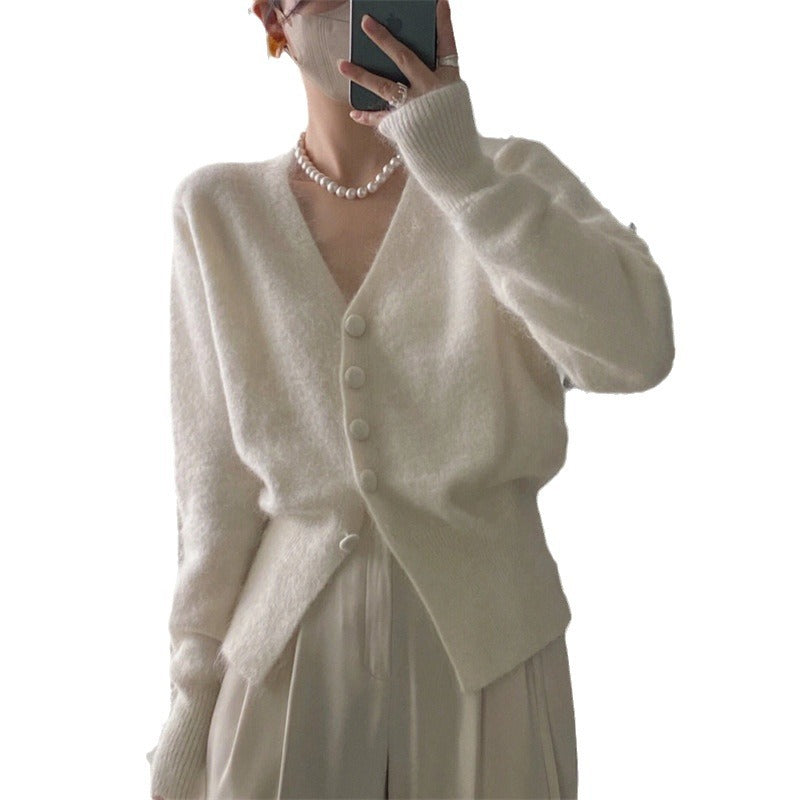 Damer Fuzzy Cardigan med V-ringning och dekorativa knappar Eva Jonsson-Eva Jonsson