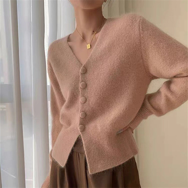 Damer Fuzzy Cardigan med V-ringning och dekorativa knappar Eva Jonsson-Eva Jonsson
