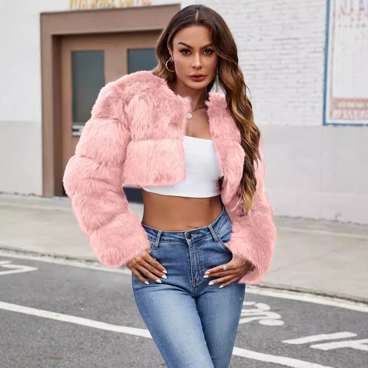Damer Fuzzy Kort Kappa i Konstpäls med Puffärmar Mirla-Eva Jonsson
