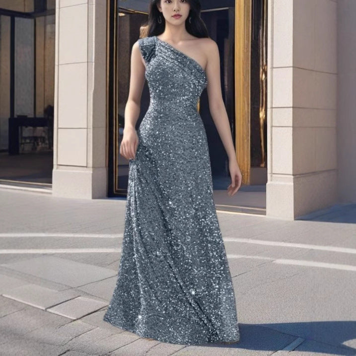 Damer Glamorous Maxi Klänning med Off-Shoulder Design och Glittrande Paljetter-Eva Jonsson