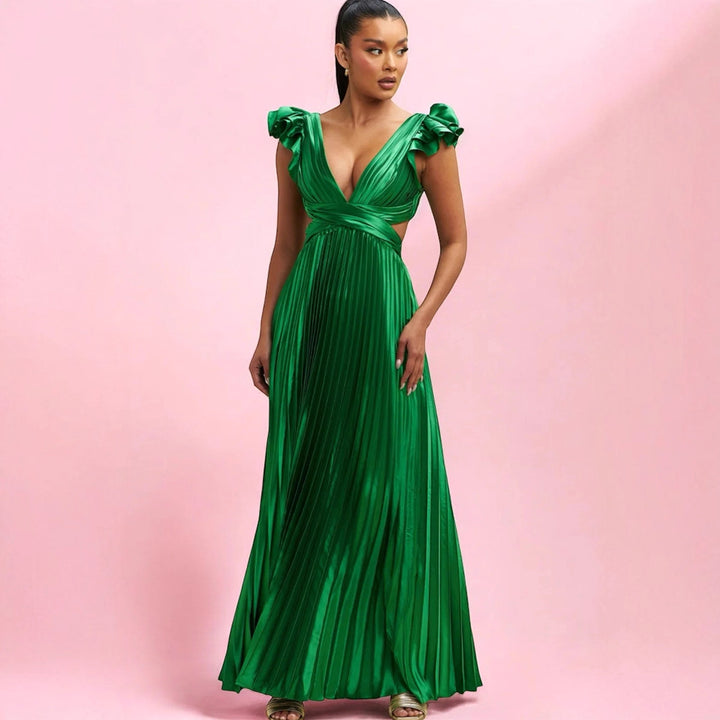 Damer Glamorous Plisserad Maxi Klänning med Djup V-Hals och Puffärmar Mirla-Eva Jonsson