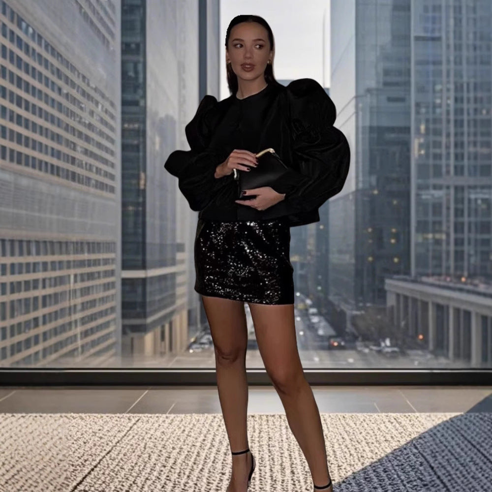 Damer Glamourös Puffärmar Blazer med glittrande satinfinish Mirla-Eva Jonsson