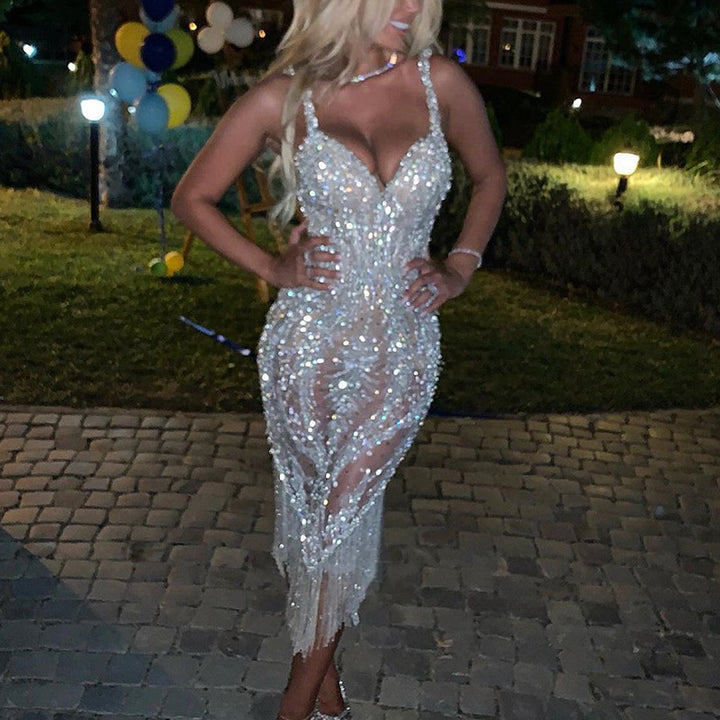 Damer Glamourösa Kvällsklänning med Glittrande Paljetter och Fransar Mirla-Eva Jonsson