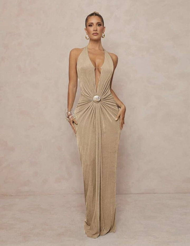 Damer Glamouröst Aftonklänning med djup V-ringning och elegant drapering Mirla-Eva Jonsson