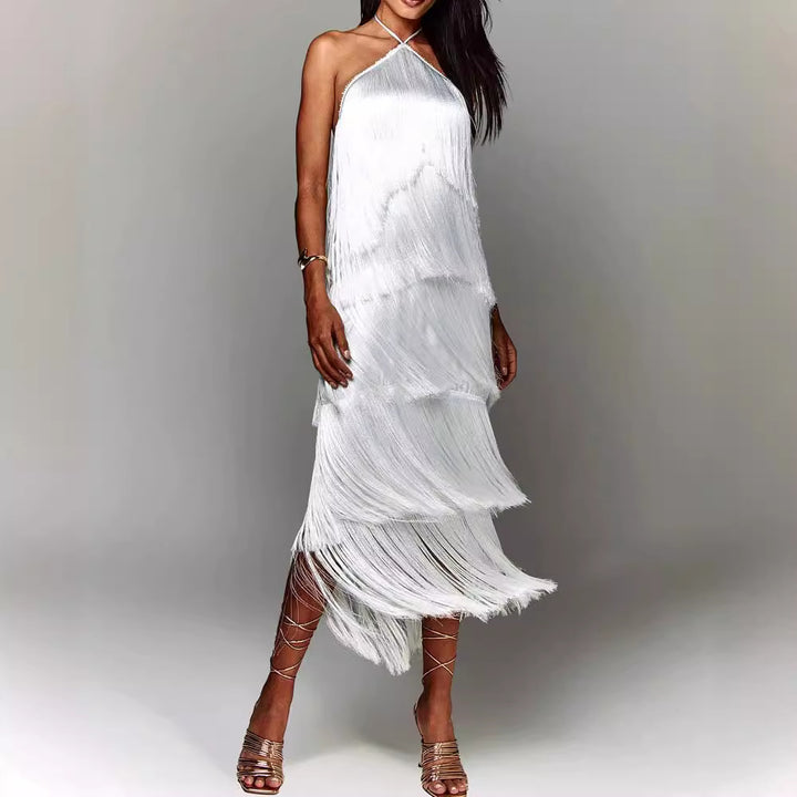 Damer Glamouröst Maxiklänning med fransar och off-shoulder design Mirla-Eva Jonsson