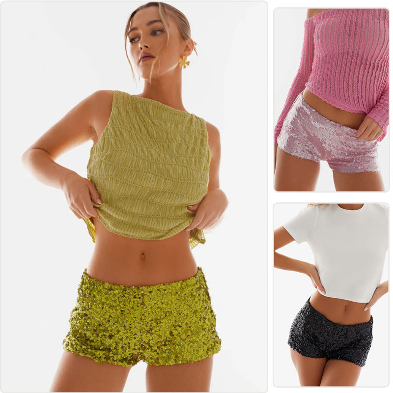 Damer Glitter Shorts med trendig skärning och elastisk midja-Eva Jonsson