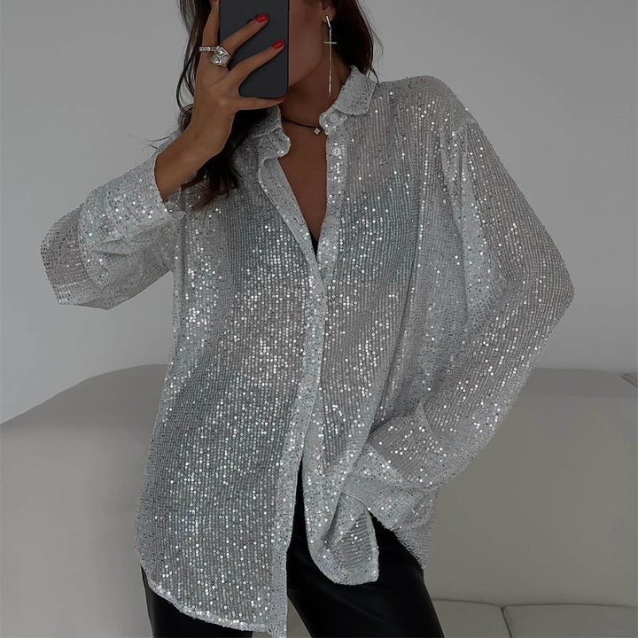 Damer Glitterande Långärmad Skjorta med Avslappnad Snitt och Eleganta Paljetter Mirla-Eva Jonsson