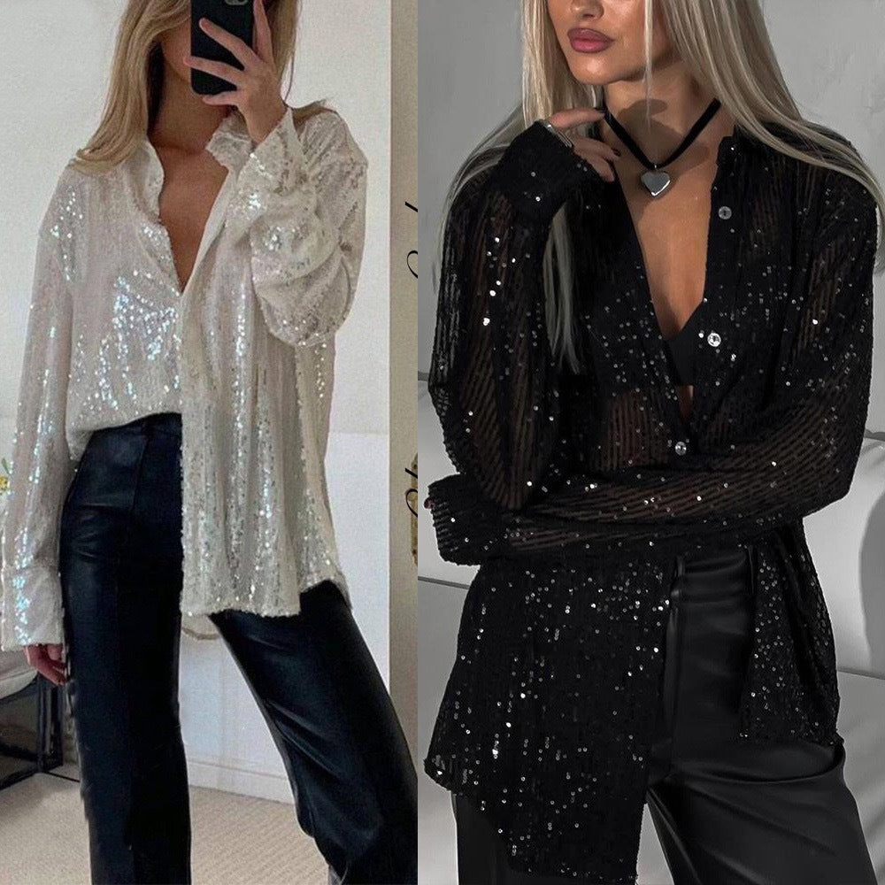 Damer Glitterande Långärmad Skjorta med Avslappnad Snitt och Eleganta Paljetter Mirla-Eva Jonsson
