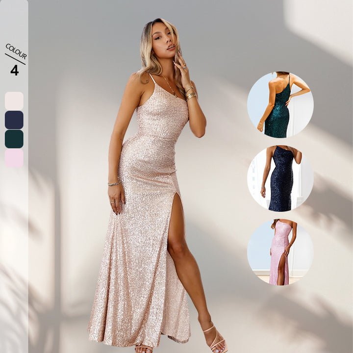 Damer Glittrande Aftonklänning med Figurnära Skärning och Elegant Slits-Eva Jonsson