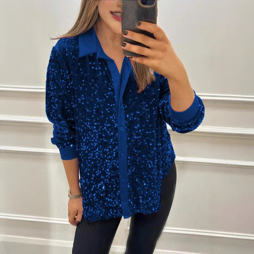 Damer Glittrande Blus av Paljetter med Klassisk Krage Mirla-Eva Jonsson
