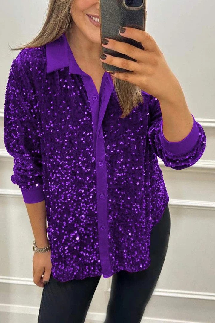Damer Glittrande Blus av Paljetter med Klassisk Krage Mirla-Eva Jonsson