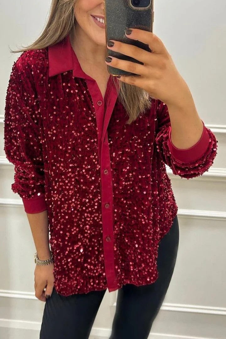 Damer Glittrande Blus av Paljetter med Klassisk Krage Mirla-Eva Jonsson