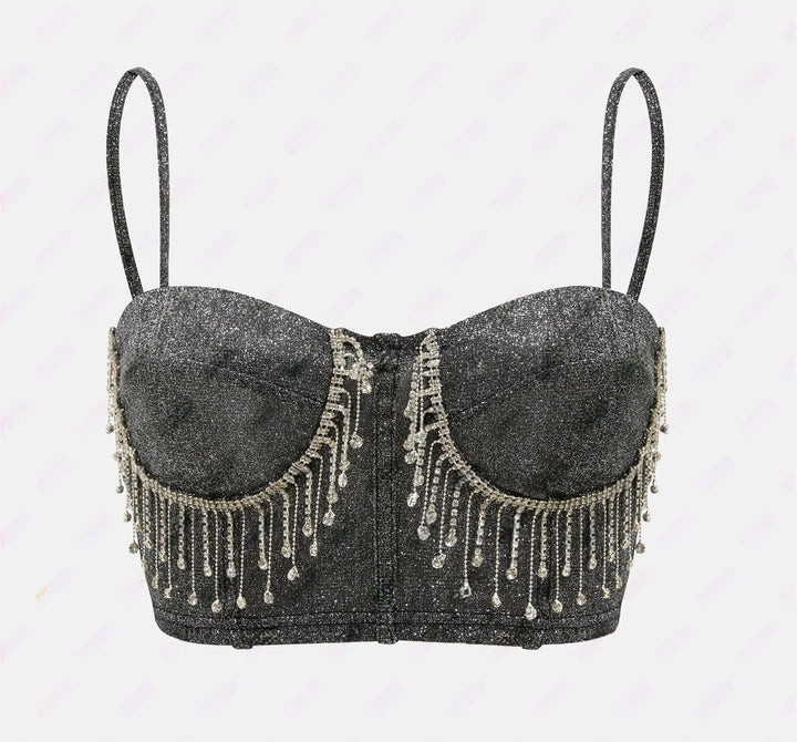 Damer Glittrande Bustier med Funklande Rhinestone Detaljer och Spagettistövlar-Eva Jonsson