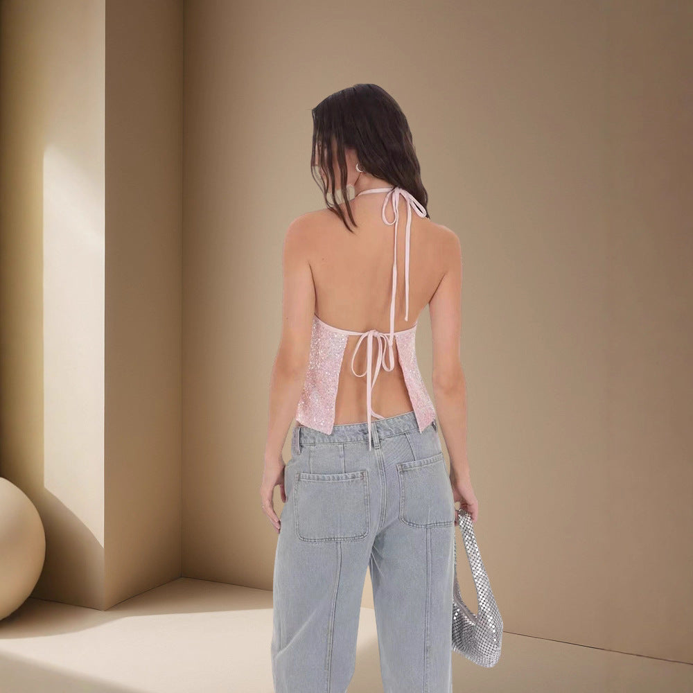 Damer Glittrande Crop-Top med smala axelband och asymmetrisk design Mirla-Eva Jonsson
