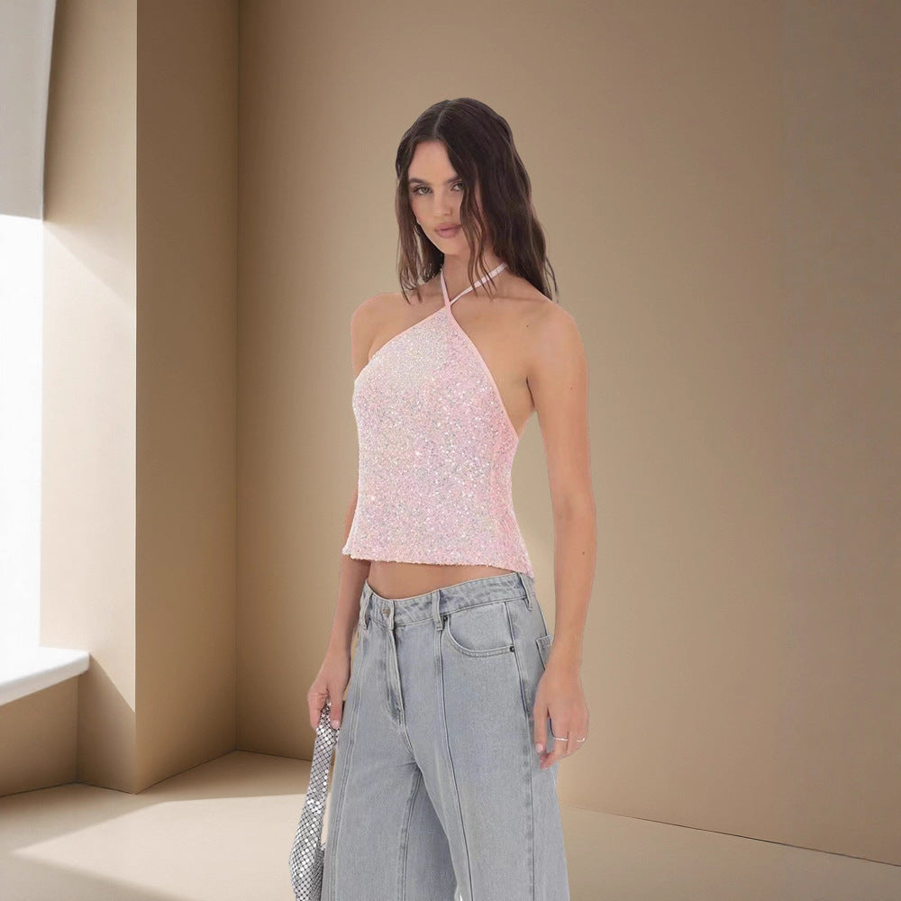 Damer Glittrande Crop-Top med smala axelband och asymmetrisk design Mirla-Eva Jonsson