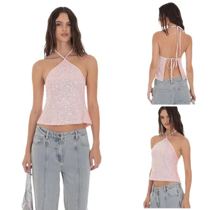 Damer Glittrande Crop-Top med smala axelband och asymmetrisk design Mirla-Eva Jonsson