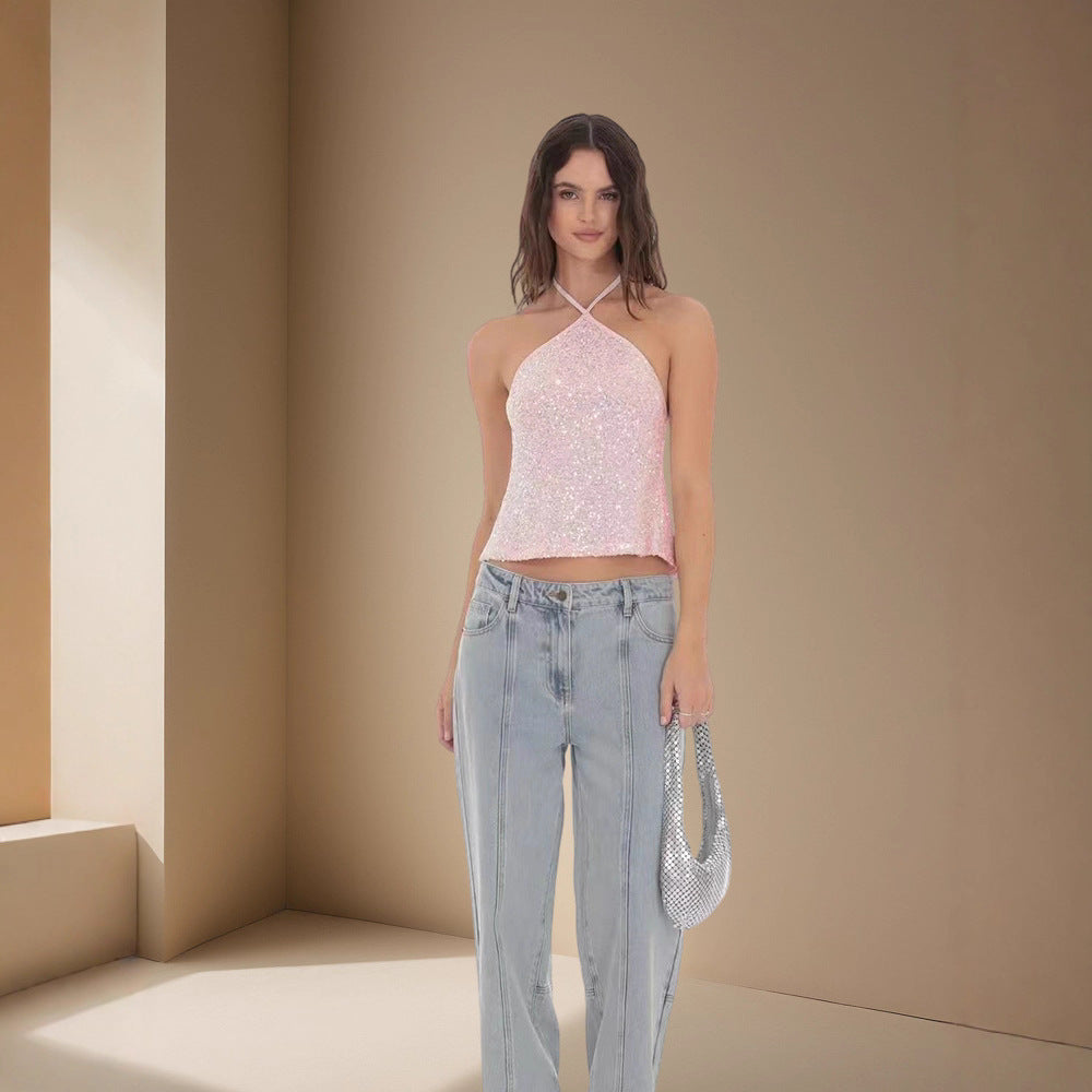 Damer Glittrande Crop-Top med smala axelband och asymmetrisk design Mirla-Eva Jonsson