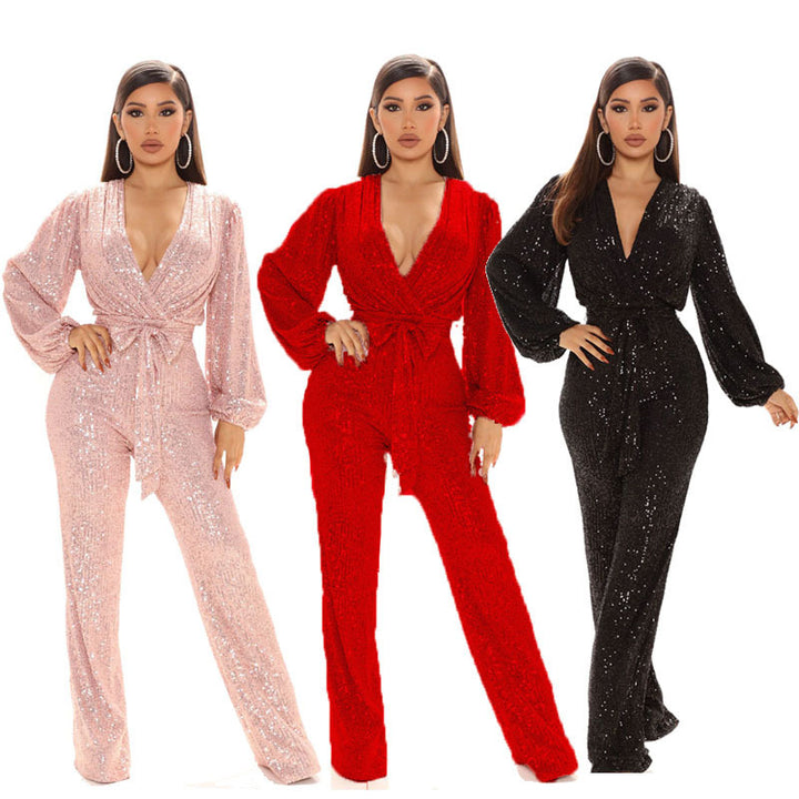 Damer Glittrande Jumpsuit med djup V-ringning och voluminösa ärmar Mirla-Eva Jonsson