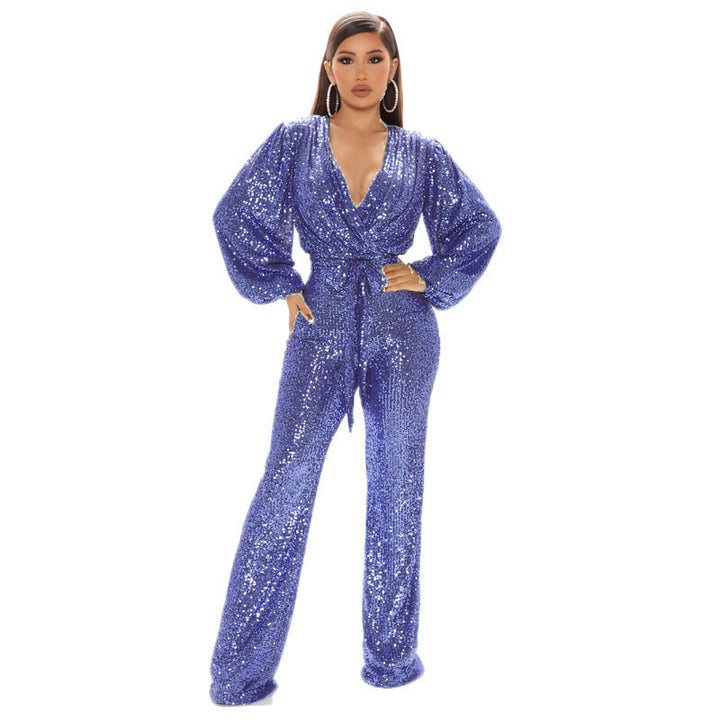 Damer Glittrande Jumpsuit med djup V-ringning och voluminösa ärmar Mirla-Eva Jonsson