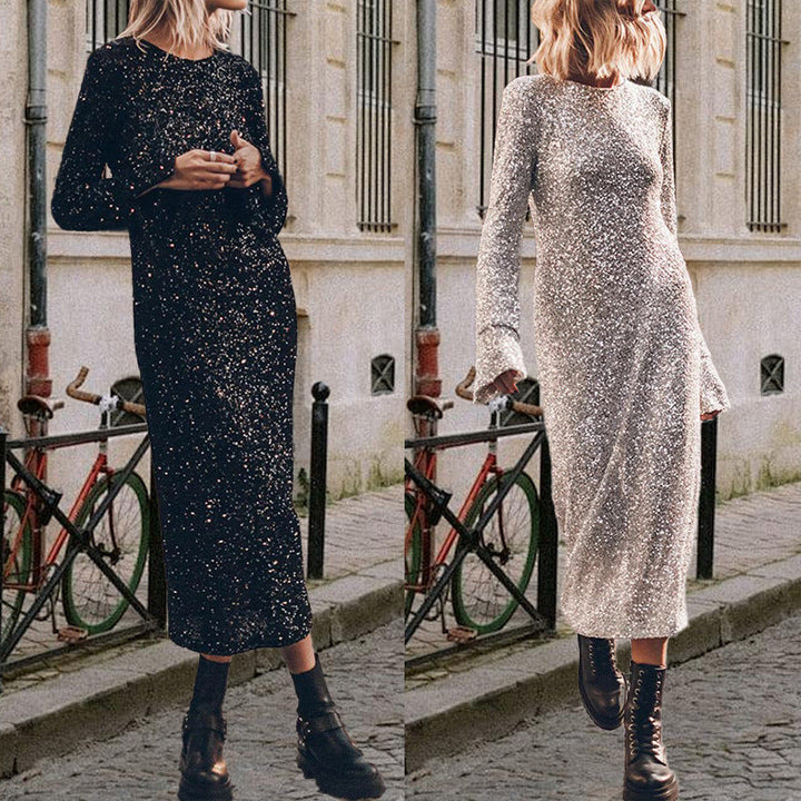 Damer Glittrande Midiklänning med Elegant Rundringning och Figursmickrande Snitt Mirla-Eva Jonsson