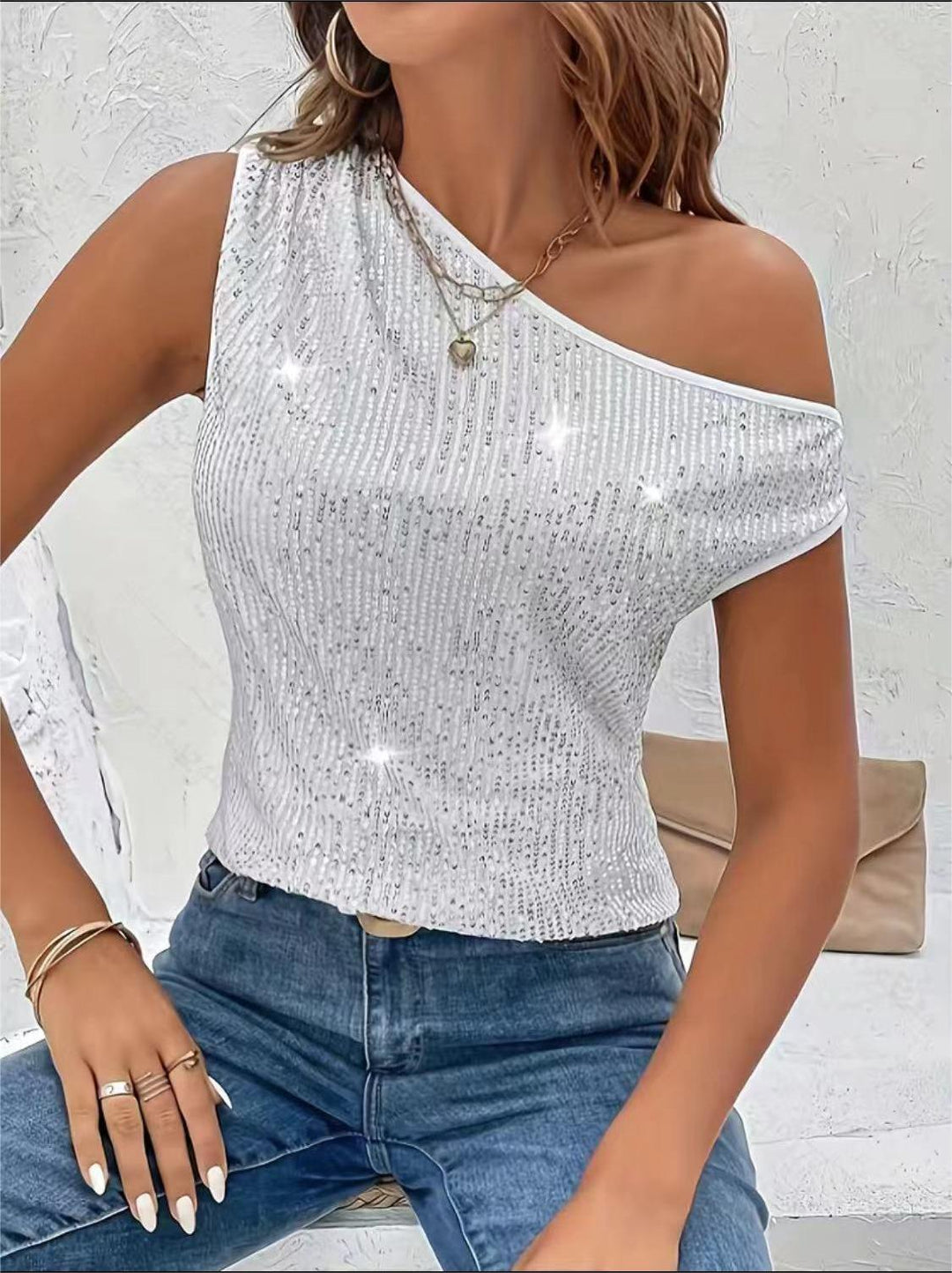 Damer Glittrande One-Shoulder Topp med fina Strassdetaljer Mirla-Eva Jonsson