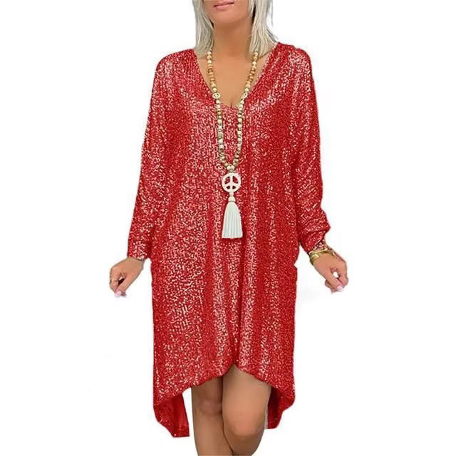 Damer Glittrande Oversized Klänning med V-Hals och Långa Ärmar Mirla-Eva Jonsson
