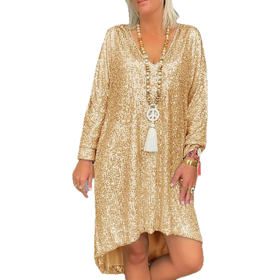 Damer Glittrande Oversized Klänning med V-Hals och Långa Ärmar Mirla-Eva Jonsson