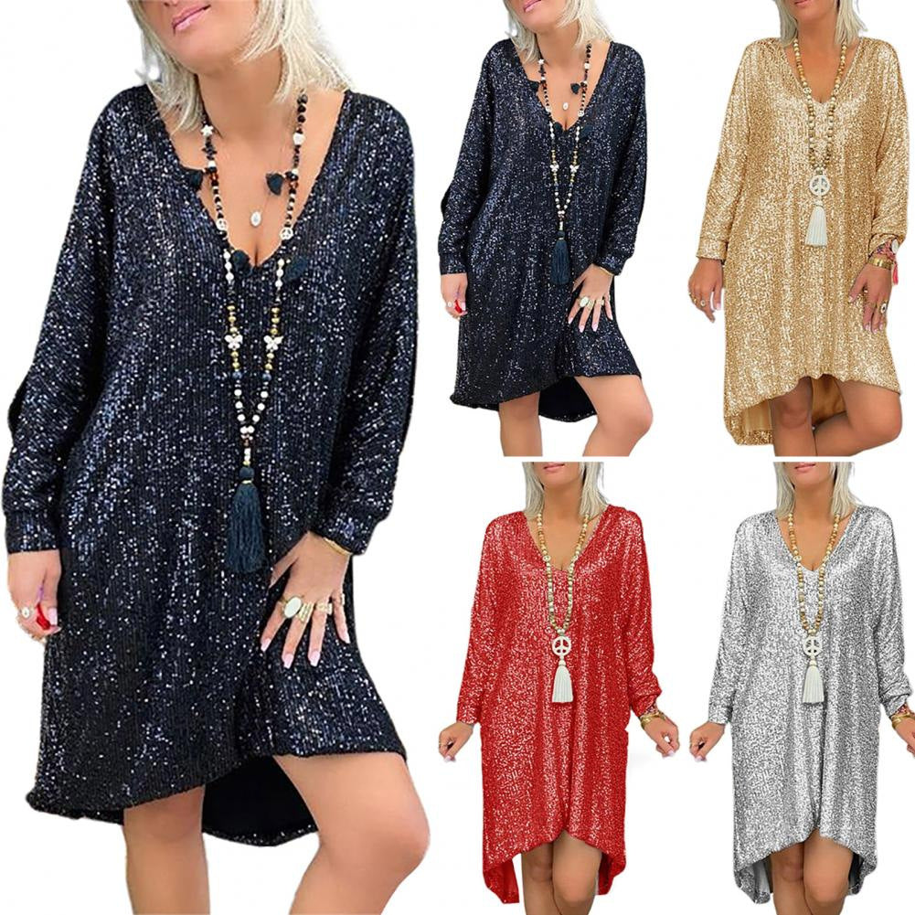 Damer Glittrande Oversized Klänning med V-Hals och Långa Ärmar Mirla-Eva Jonsson