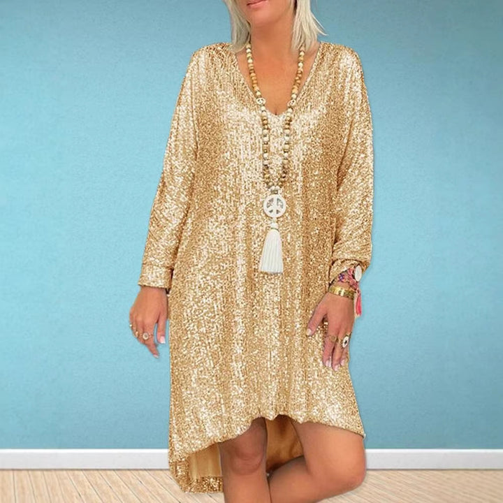 Damer Glittrande Oversized Klänning med V-Hals och Långa Ärmar Mirla-Eva Jonsson