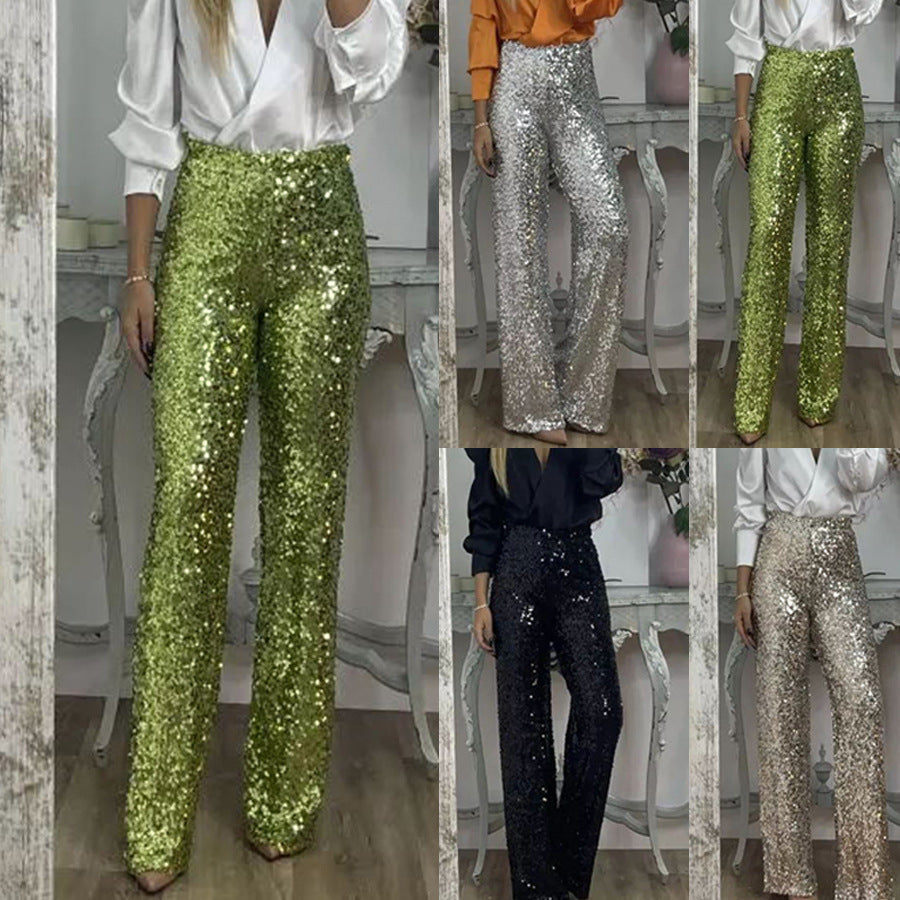 Damer Glittrande Palazzobyxa med Hög Midja och Bred Ben Mirla-Eva Jonsson