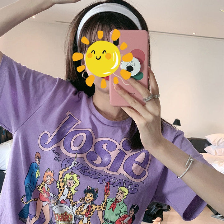 Damer Grafiskt T-Shirt med vintage röd tryck och lös passform-Eva Jonsson