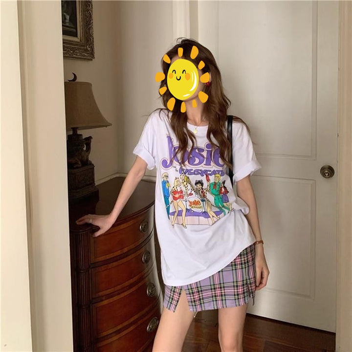 Damer Grafiskt T-Shirt med vintage röd tryck och lös passform-Eva Jonsson