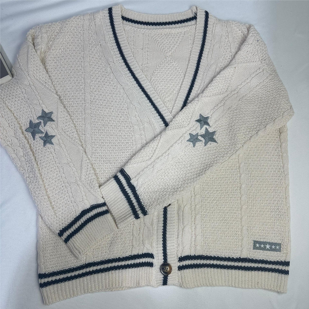 Damer Grov stickad cardigan med flätmönster och kontrastremsor Eva Jonsson-Eva Jonsson