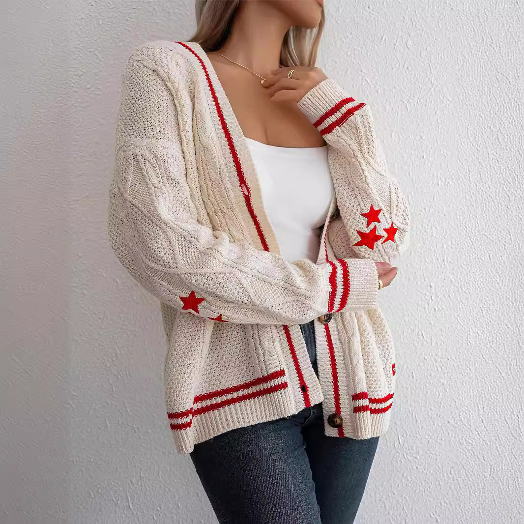 Damer Grov stickad cardigan med flätmönster och kontrastremsor Eva Jonsson-Eva Jonsson