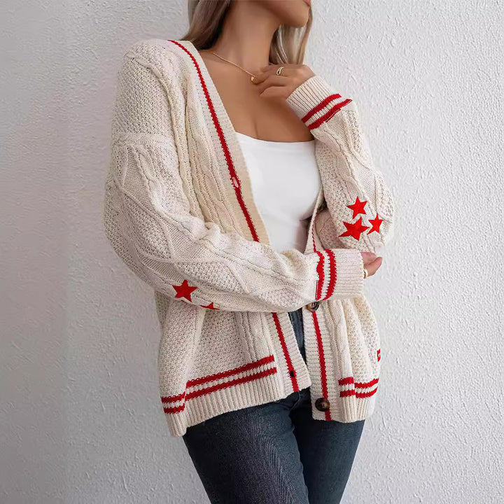 Damer Grov stickad cardigan med flätmönster och kontrastremsor Eva Jonsson-Eva Jonsson
