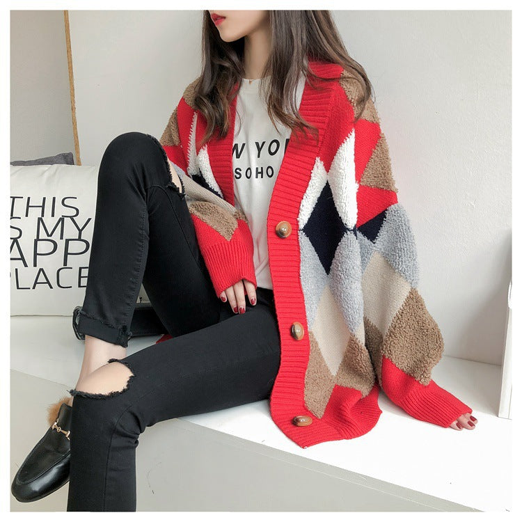 Damer Grovstickad Cardigan med Geometriskt Mönster och Stora Fickor Mirla-Eva Jonsson