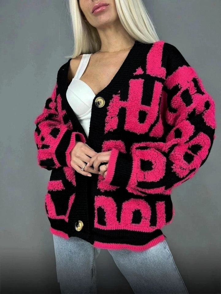 Damer Grovstickad Cardigan med kreativt tryck och högkvalitativt material Mirla-Eva Jonsson