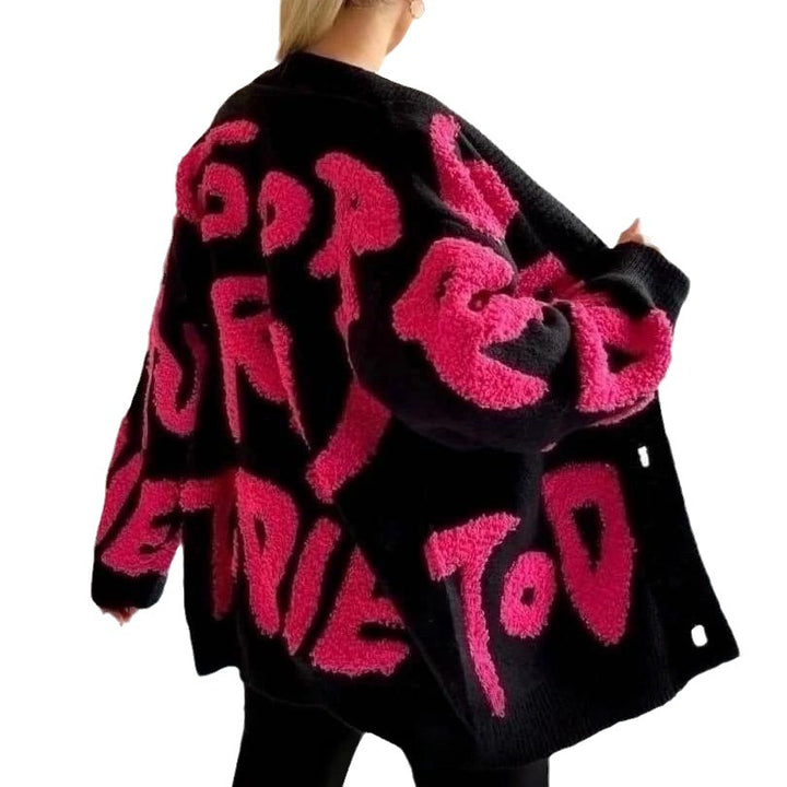 Damer Grovstickad Cardigan med kreativt tryck och högkvalitativt material Mirla-Eva Jonsson