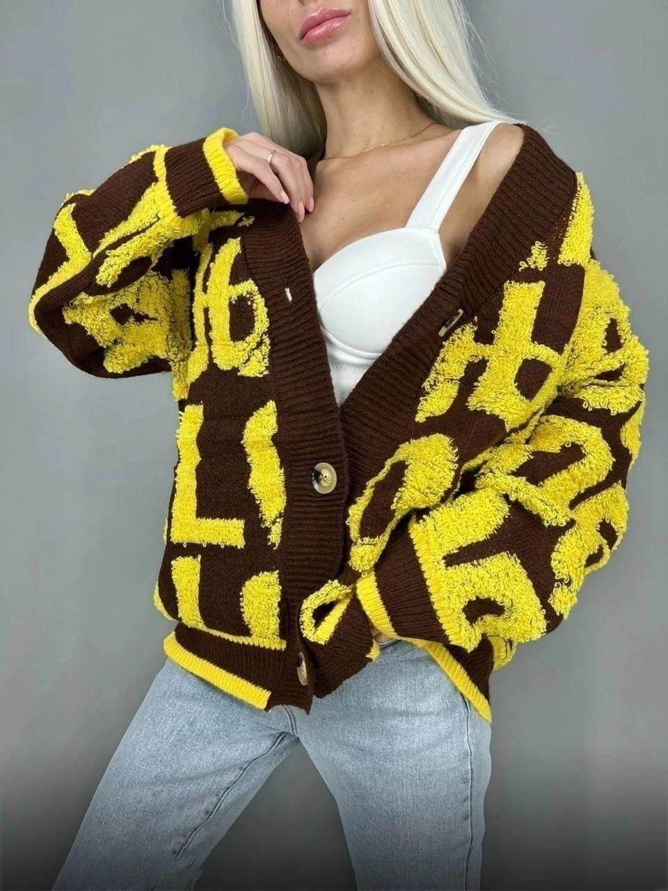 Damer Grovstickad Cardigan med kreativt tryck och högkvalitativt material Mirla-Eva Jonsson