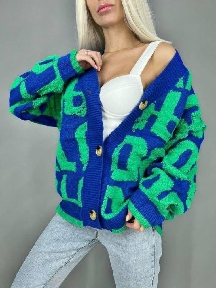 Damer Grovstickad Cardigan med kreativt tryck och högkvalitativt material Mirla-Eva Jonsson