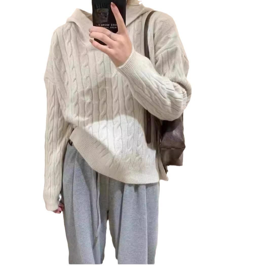 Damer Grovstickad Hoodie med Flätmönster och Avslappnad Passform Eva Jonsson-Eva Jonsson
