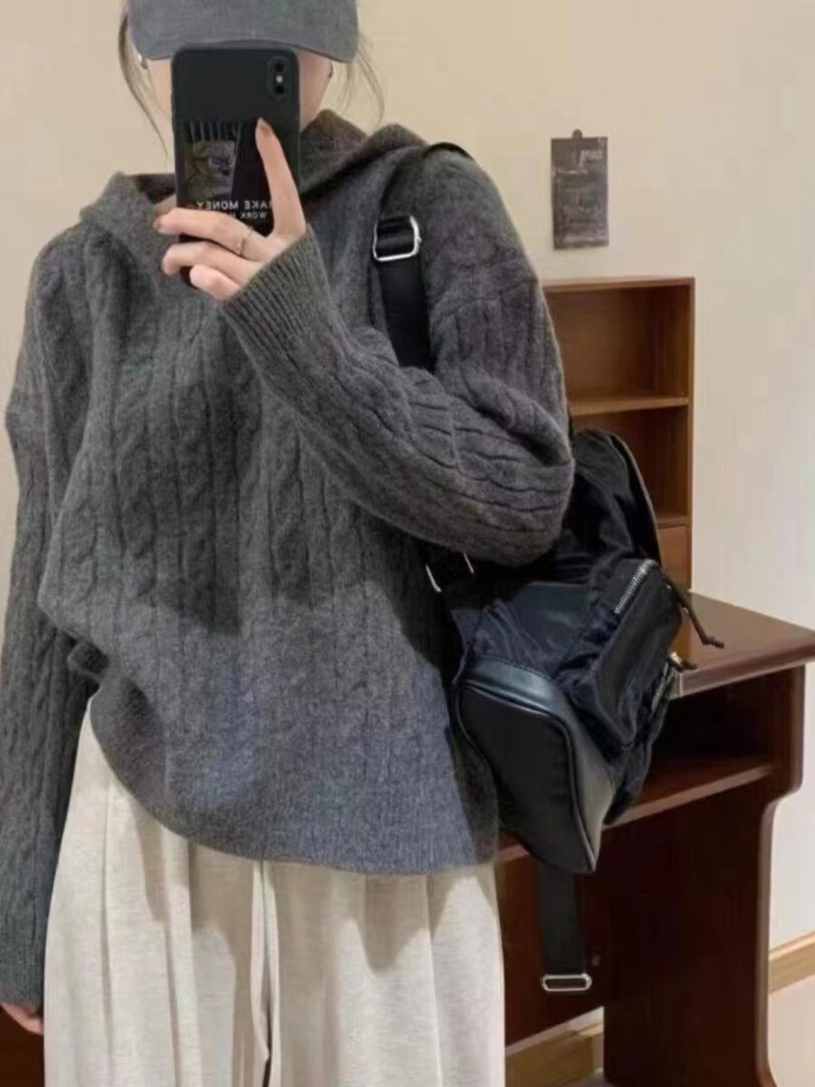 Damer Grovstickad Hoodie med Flätmönster och Avslappnad Passform Eva Jonsson-Eva Jonsson