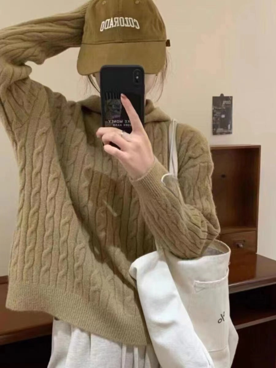 Damer Grovstickad Hoodie med Flätmönster och Avslappnad Passform Eva Jonsson-Eva Jonsson